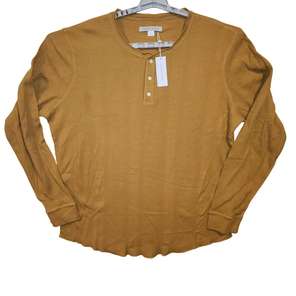 Outerknown Hightide Henley Mens XL Mustard Yellow Waffle Knit‎ Long Sleeve Shirt